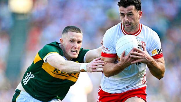 Darren McCurry, Tyrone, and Jason Foley, Kerry, in All-Ireland SFC action at Croke Park. Photo by Seb Daly/Sportsfile