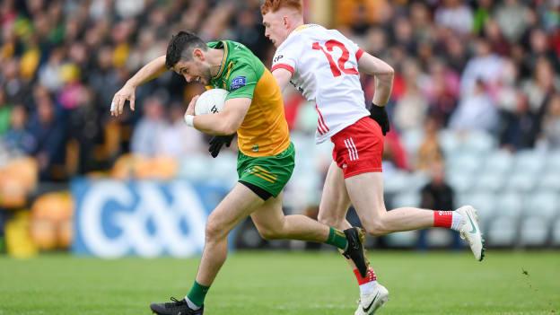 Ryan McHugh, Donegal, and Sean O’Donnell, Tyrone, in All-Ireland SFC action. Photo by Stephen McCarthy/Sportsfile