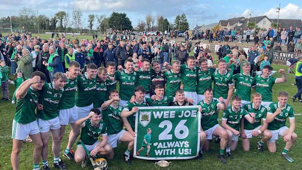 The Carey Faughs hurlers celebrate after their Antrim Intermediate Hurling Championship success. 
