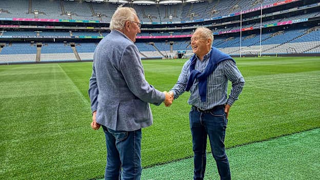 Sean Doherty and Mickey Ned O'Sullivan recreate their 1975 All-Ireland Final handshake. 