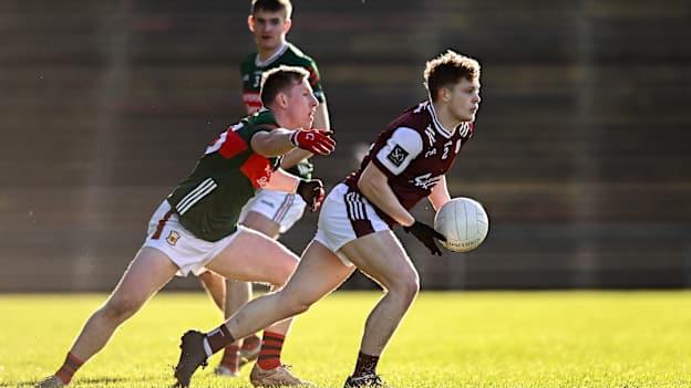 Johnny McGrath, Galway, and Ryan O'Donoghue, Mayo, in Allianz Football League action. Photo by Piaras Ó Mídheach/Sportsfile