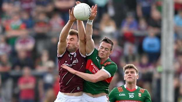 Paul Conroy of Galway in action against Stephen Coen of Mayo during the 2024 Connacht GAA Football Senior Championship final match between Galway and Mayo at Pearse Stadium in Galway. Photo by Seb Daly/Sportsfile