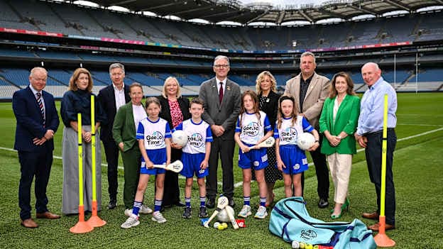 In attendance at the launch of Gaelic Time are, backrow from left, Michael Martin, GAA Central Council, National Secretary and Iar-Uachtarán Camogie Hilda Breslin, GAA director of games development Shane Flanagan, GAA Handball Chief Executive Lizzy Lynch, LGFA Chief Executive Lyn Savage, Uachtarán Chumann Lúthchleas Gael Jarlath Burns, GAA Rounders President Paula Doherty, GAA Handball President Kevin Cooke, Camogie Association chief executive officer Karen Dessain-Gelinet and Dr Richard Bowles, Mary Immaculate College, alongside children from left, Lily Walsh, 10, Pat McGrath, 8, Ellen McGrath 10 and Jean McGrath, 8, at Croke Park in Dublin. Photo by Sam Barnes/Sportsfile.