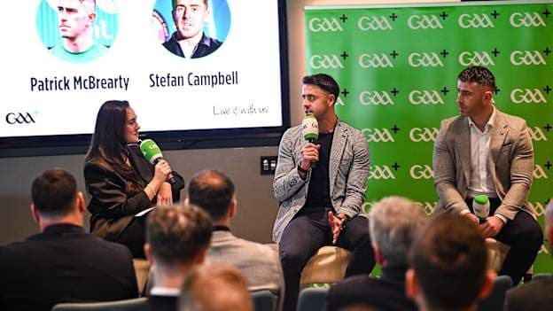 Former Armagh and Donegal footballers and GAA+ pundits Stefan Campbell and Patrick McBrearty speaking with presenter Aisling O'Reilly at the 2026 GAA+ Season Pass and match broadcast schedule launch at the new GAA+ studio facility in Croke Park. Fans can avail of 40 exclusive live matches in Ireland for €95 via GAAplus.ie Photo by David Fitzgerald/Sportsfile.