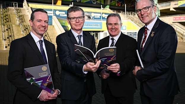 GAA Director of Dinance Ger Mulryan, Ard Stiúrthóir of the GAA Tom Ryan, Croke Park Stadium Director Peter McKenna, and Uachtarán Chumann Lúthchleas Gael Jarlath Burns pictured at the GAA Annual Report media event at Croke Park. Photo by Seb Daly/Sportsfile