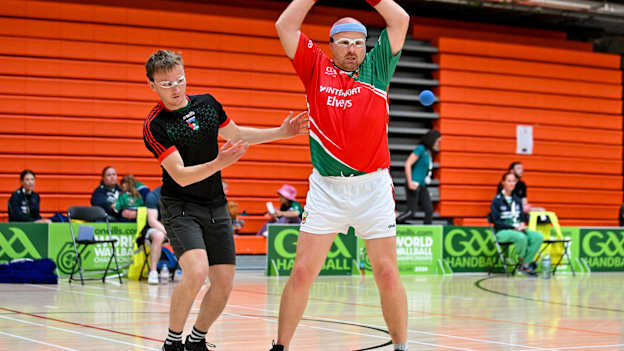 Sandy O'Callaghan, Galway, and Aidan McNulty, Mayo, in action during the oneills.com World Wallball Championships at UL Sport Arena. Photo by Stephen Marken/Sportsfile