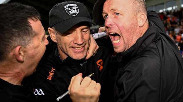Armagh manager Kieran McGeeney, centre, and selector Ciaran McKeever, right, after their side's victory in the GAA Football All-Ireland Senior Championship Round 3 match between Galway and Armagh at Avant Money Páirc Seán Mac Diarmada in Carrick-on-Shannon, Leitrim. Photo by Harry Murphy/Sportsfile.