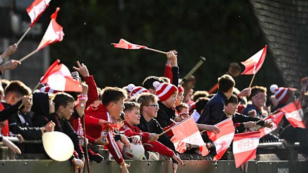 Cuala supporters celebrate a first half score during the Dublin County Senior Club Football Championship final match between Cuala and Kilmacud Crokes at Parnell Park in Dublin. Photo by Daire Brennan/Sportsfile.