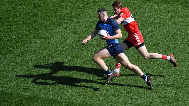 Brian Fenton of Dublin in action against Brendan Rogers of Derry during the Allianz Football League Division 2 Final match between Dublin and Derry at Croke Park in Dublin. Photo by Tyler Miller/Sportsfile.