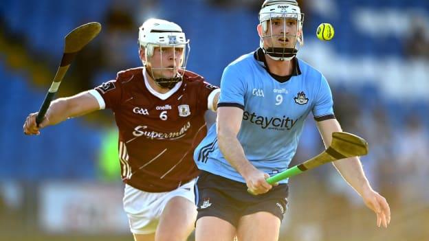 Jack Behan of Dublin in action against Rory Burke of Galway during the oneills.com Leinster GAA Hurling U20 Championship semi-final match between Dublin and Galway at Laois Hire O'Moore Park in Portlaoise, Laois. Photo by David Fitzgerald/Sportsfile.