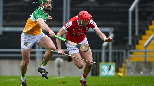 Alan Connolly of Cork in action against Ben Conneely of Offaly during the Allianz Hurling League Division 1 Group A match between Offaly and Cork at Glenisk O'Connor Park in Tullamore, Offaly. Photo by Tyler Miller/Sportsfile.