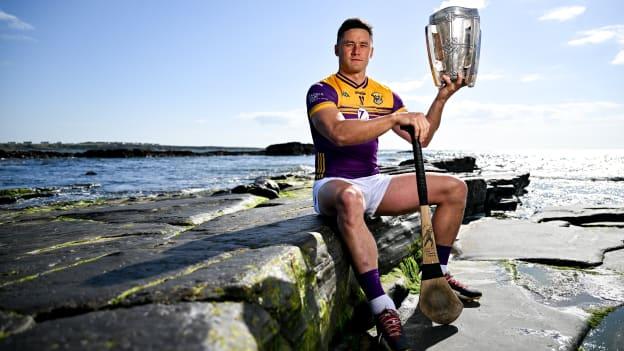 Lee Chin of Wexford poses for a portrait with the Liam MacCarthy cup during the national launch of the GAA Hurling All-Ireland Senior Championship at Spanish Point in Clare. Photo by Brendan Moran/Sportsfile.