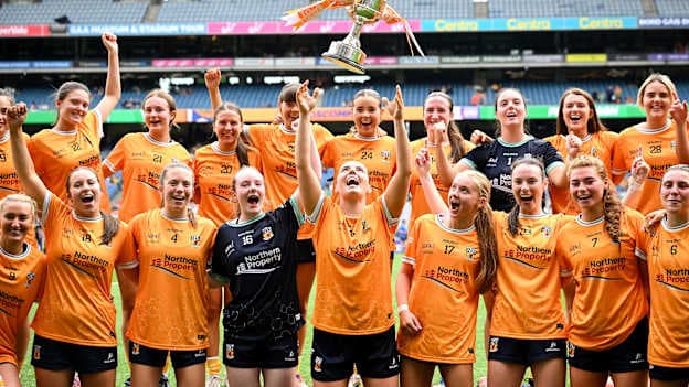 Antrim players, including captain Bronagh Devlin, centre, celebrate after their side's victory in the LGFA TG4 All-Ireland Junior Championship final match between Antrim and Carlow at Croke Park in Dublin. Photo by Shauna Clinton/Sportsfile