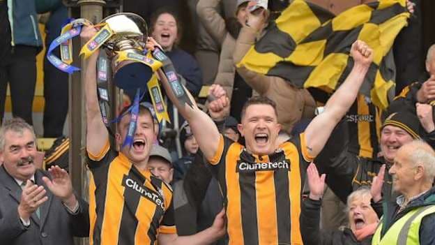 Danesfort's Paul Murphy helps lift the Tommy Murphy Cup, named in honour of his late father, after their win over Ratoath in the AIB Leinster IHC final at Páirc Tailteann. Photograph courtesy of kilkennygaa.ie taken by Willie Dempsey. 