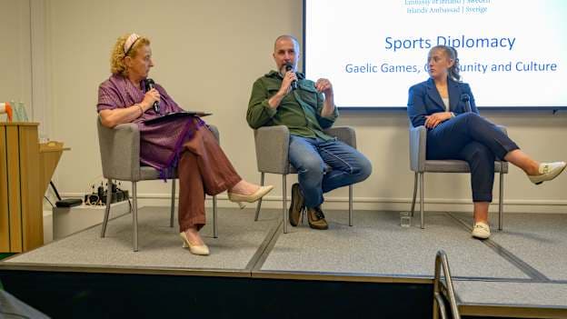 Ireland Ambassador to Sweden, Barbara Jones, Stockholm Gaels founding member, Philip O'Connor, and Galway camogie star Aoife Keane pictured at the Sports Diplomacy Initiative organised by the Irish Embassy in Stockholm. 