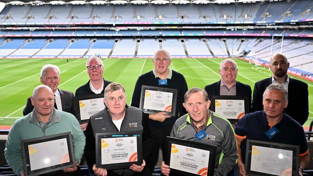 Sport Ireland Coaching Director Michael McGeehin, back left, and GAA Head of Coach & Player Development Martin Kennedy, back right, with Coach Developer Assessor Certificate recipients, from left, Jimmy Darragh, Frank Dawson, Paul Callaghan, Eugene Young, Anthony Harkin, Garrett Coyle and Gay Mallon, during a Gaelic Games Coach Developer Community Event at Croke Park in Dublin. Photo by Sam Barnes/Sportsfile.