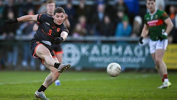Paddy Burns of Armagh shoots to score his side's first goal during the Allianz Football League Division 1 match between Armagh and Mayo at the BOX-IT Athletic Grounds in Armagh. Photo by David Fitzgerald/Sportsfile