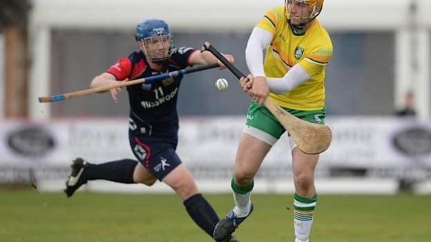 Enda Rowland of Ireland in action against Will Cowie of Scotland during the 2016 U21 Hurling/Shinty International Series match between Ireland and Scotland at Bught Park in Inverness, Scotland. Photo by Piaras Ó Mídheach/Sportsfile.