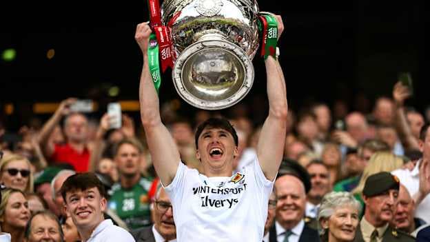Sam Callinan of Mayo lifts the Sam Maguire Cup following the GAA Football All-Ireland Senior Championship final match between Kerry and Mayo at Croke Park in Dublin. Photo by Stephen McCarthy/Sportsfile.