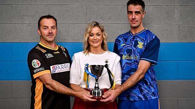 GAA Rounders president Paula Doherty with Junior Men's finalists PJ Lalor of Myshall, Carlow, and Mark Molloy of Gusserane, Wexford, at Croke Park for the launch of the upcoming GAA Rounders All-Ireland Competitions finals. Photo by Piaras Ó Mídheach/Sportsfile