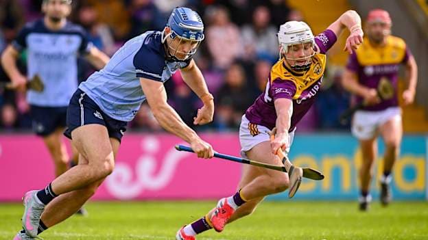 Cillian Byrne, Wexford, and Eoghan O'Donnell, Dublin, in Leinster SHC action. Photo by Piaras Ó Mídheach/Sportsfile