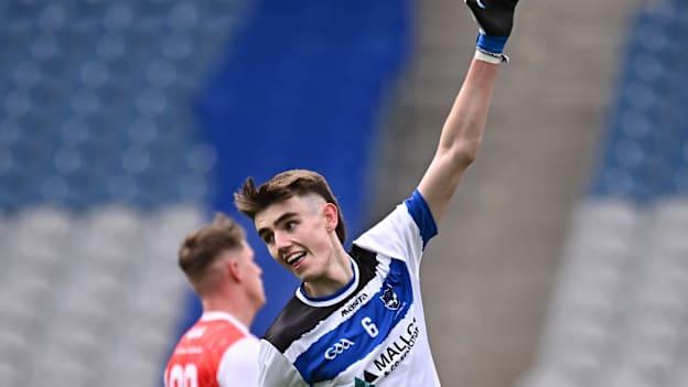 Pádraig Haran of St Patrick's Maghera celebrates scoring his side's first goal during the Masita GAA Football Post Primary Schools Hogan Cup final match between St Colman's Claremorris of Mayo and St Patrick's Maghera of Derry at Croke Park in Dublin. Photo by Piaras Ó Mídheach/Sportsfile.