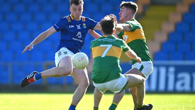 John Paul Nolan, Wicklow, and Tom Prior and Mark Diffley, Leitrim in Tailteann Cup action last year. Photo by Stephen Marken/Sportsfile