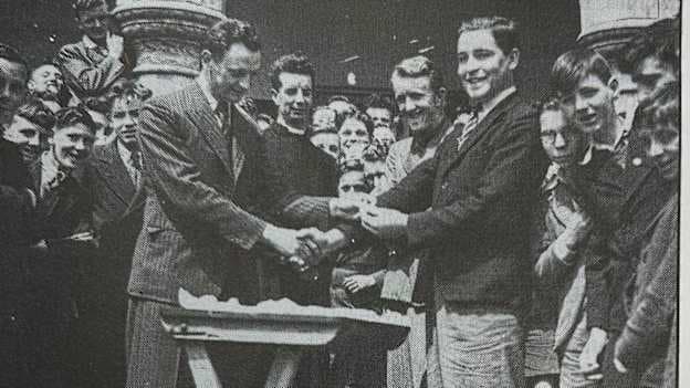 North Mon's Con Murphy receiving his Harty Cup medal in 1941 from then Cork player Jack Lynch. Murphy would go on to become President of the GAA. 