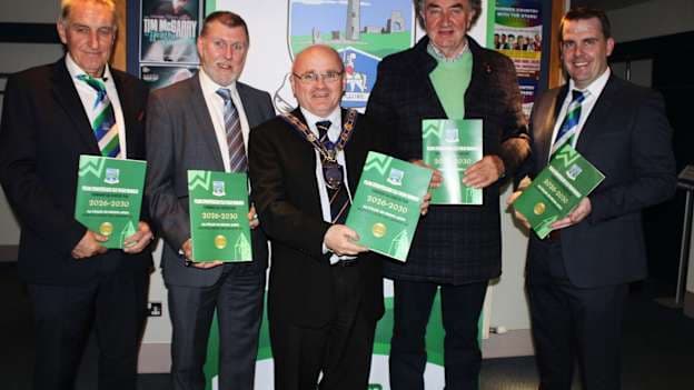 l-r John McGovern (Chairperson, Fermanagh GAA), Ger Treacy (Commercial Manager, Fermanagh GAA), Barry McElduff (Chairperson, Fermanagh & Omagh District Council), Patsy Tracey (Tracey Concrete), Phil Flanagan (Head of Operations, Fermanagh GAA).