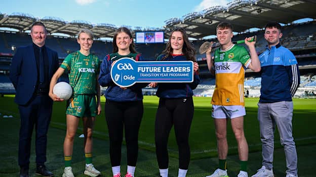 GAA/Oide Future Leaders National Coordinator Eoghan Hanley, Meath LGFA All-Star Mary-Kate Lynch, Offaly senior hurler Adam Screeney and social media influencer Jim Flano, with Jess Bolger and Katie Beesley from Gorey Community School at the launch of GAA/Oide Future Leaders Events Month 2026 in Croke Park. 