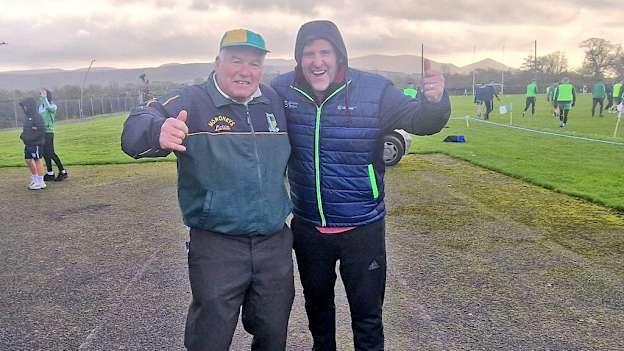 Eddie Moroney pictured with match commentator, Stephen Glesson, before the AIB Munster Club Intermediate football semi-final between Aherlow and Wolfe Tones. 