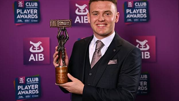 Steven Sherlock of St Finbarr's, Cork, with his 2025/26 AIB GAA Club Football Team of the Year award during the AIB Club Player Awards at Croke Park in Dublin. The event marked the second time that the four codes of Hurling, Football, Camogie, and Ladies Football were celebrated together, honouring the best club players from across the country. Photo by Sam Barnes/Sportsfile.
