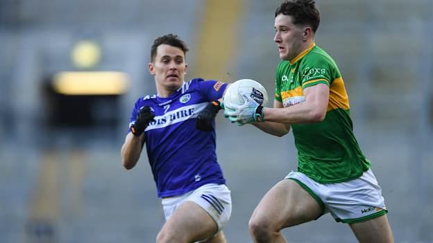 Barry McNulty, Leitrim, and Brian Byrne, Laois, in action during the 2024 Allianz Football League Division Four Final at Croke Park. Photo by Shauna Clinton/Sportsfile