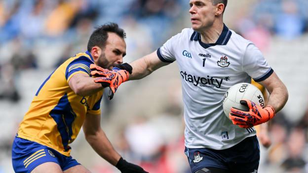 Stephen Cluxton, Dublin, and Donie Smith, Roscommon, in All-Ireland SFC action at Croke Park. Photo by Stephen Marken/Sportsfile