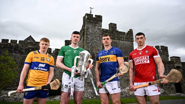 In attendance are hurlers, from left, Shane Meehan of Clare, Declan Hannon of Limerick, Ronan Maher of Tipperary and Sean O’Donoghue of Cork at the launch of the Munster GAA Senior Hurling and Football Championship 2024 at Cahir Castle in Tipperary. Photo by Harry Murphy/Sportsfile.