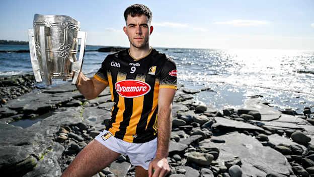 Paddy Deegan of Kilkenny poses for a portrait with the Liam MacCarthy cup during the national launch of the GAA Hurling All-Ireland Senior Championship at Spanish Point in Clare. Photo by Brendan Moran/Sportsfile.