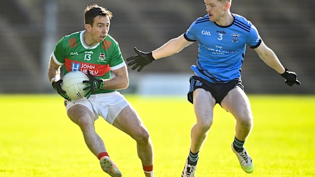 Evan Regan of Ballina Stephenites in action against Niall McManamon of Westport during last weekend's drawn Mayo County Senior Club Football Championship final match between Ballina Stephenites and Westport at Hastings Insurance MacHale Park in Castlebar, Mayo. Photo by David Fitzgerald/Sportsfile