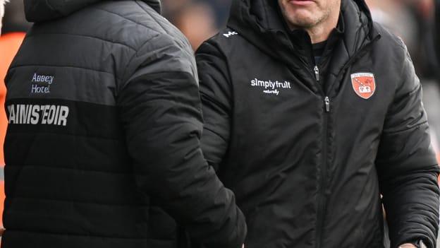 Jim McGuinness and Kieran McGeeney shake hands following last month's Allianz Football League Division Two draw between Donegal and Armagh. Photo by Brendan Moran/Sportsfile