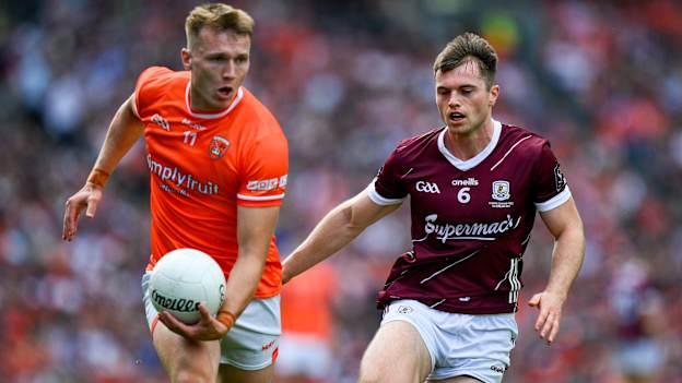 Rian O'Neill, Armagh, and Liam Silke, Galway, in actio during the 2024 All-Ireland SFC Final at Croke Park. Photo by Ray McManus/Sportsfile