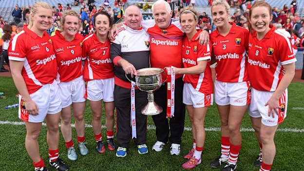 Deirdre O'Reilly, Briege Corkery, Geraldine O'Flynn, Valerie Mulcahy, Bríd Stack and Rena Buckley celebrating with manager Eamonn Ryan and selector Frankie Honohan after the 2015 All-Ireland Final at Croke Park. Photo by Sportsfile