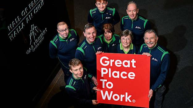 GAA Museum tour guides, from left, Michael Cronin, Seamus Brady, Philip Bentley, Sean Breslin, Betty O'Dwyer, Annette Coyle, Gerry McGarry, and Martin Healy, at Croke Park in Dublin, celebrating two new awards, Great Place To Work, and CIE Award of Excellence, on International Tour Guide Day. Photo by Ramsey Cardy/Sportsfile
