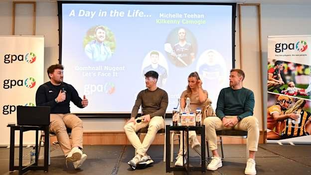 Let's Face It Podcast Host Domhnall Nugent, far left, speaking in a panel discussion with, from left, Dublin footballer Evan Comerford, Kilkenny camogie player Michelle Teehan and Laois footballer Kieran Lillis the GPA Rookie Camp at the Radisson Blu Hotel, Dublin Airport. Photo by Sam Barnes/Sportsfile.