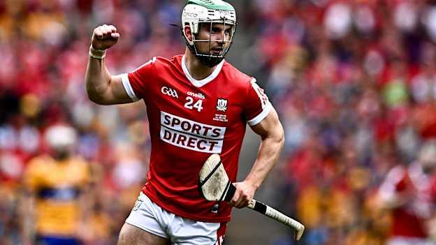 Cork's Shane Kingston celebrates after scoring a point in the 2024 All-Ireland SHC Final against Clare. Photo by Piaras Ó Mídheach/Sportsfile
