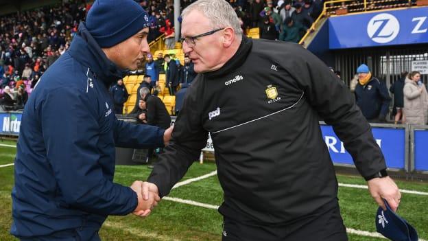 Wexford manager Keith Rossiter, left, and Clare manager Brian Lohan shake hands after the drawn Allianz Hurling League Division 1 Group A match between Wexford and Clare at Chadwicks Wexford Park in Wexford. Photo by Seb Daly/Sportsfile
