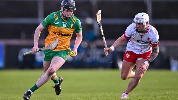 Conor Gartland of Donegal and Ben Gormley of Tyrone during the Allianz Hurling League Division 2 Group B match between Tyrone and Donegal at O'Neills Healy Park in Omagh, Tyrone. Photo by Ben McShane/Sportsfile.
