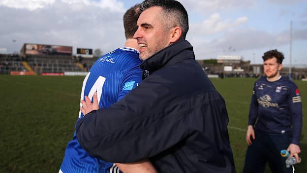 Gearoid McKiernan of Cavan is congratulated by manager Raymond Galligan during the Allianz Football League Division 2 match between Westmeath and Cavan at TEG Cusack Park in Mullingar, Westmeath. Photo by Michael P Ryan/Sportsfile.