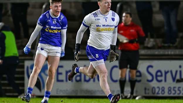 Scotstown goalkeeper Rory Beggan celebrates with teammate Max Maguire, left, after kicking a free during the AIB Ulster GAA Football Senior Club Championship final match between Kilcoo and Scotstown at BOX-IT Athletic Grounds in Armagh. Photo by Ramsey Cardy/Sportsfile.