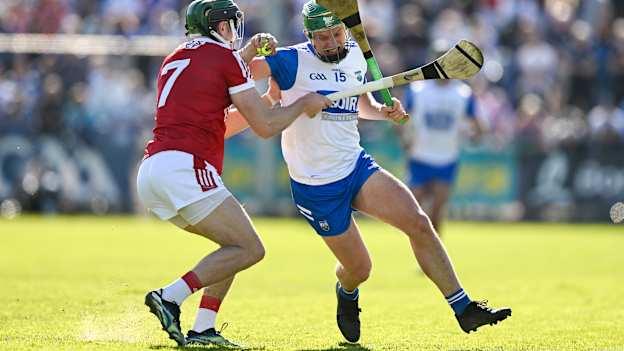 Jack Prendergast of Waterford is tackled by Mark Coleman of Cork during the 2024 Munster GAA Hurling Senior Championship Round 1 match between Waterford and Cork at Walsh Park in Waterford. Photo by Brendan Moran/Sportsfile.