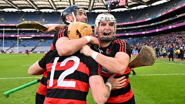 Ballygunner players, from left, Pauric Mahony, Peter Hogan and Dessie Hutchinson celebrate after their side's victory in the AIB GAA Hurling Senior Club Championship final match between Ballygunner of Waterford and Loughrea of Galway at Croke Park in Dublin. Photo by Piaras Ó Mídheach/Sportsfile