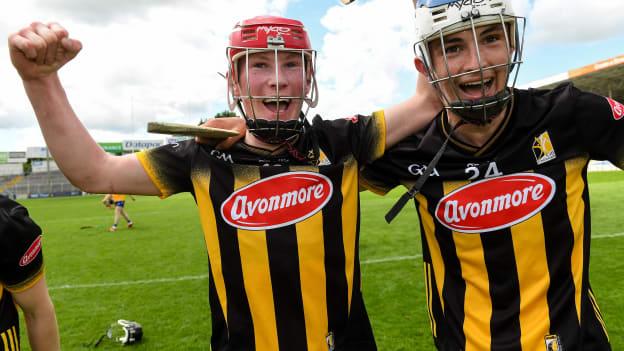 Kilkenny players Jake Mullen, left, and Louis Raggett celebrate after the Electric Ireland GAA Hurling All-Ireland Minor Hurling Championship Semi-Final match between Kilkenny and Clare at FBD Semple Stadium in Thurles, Tipperary. Photo by Matt Browne/Sportsfile.